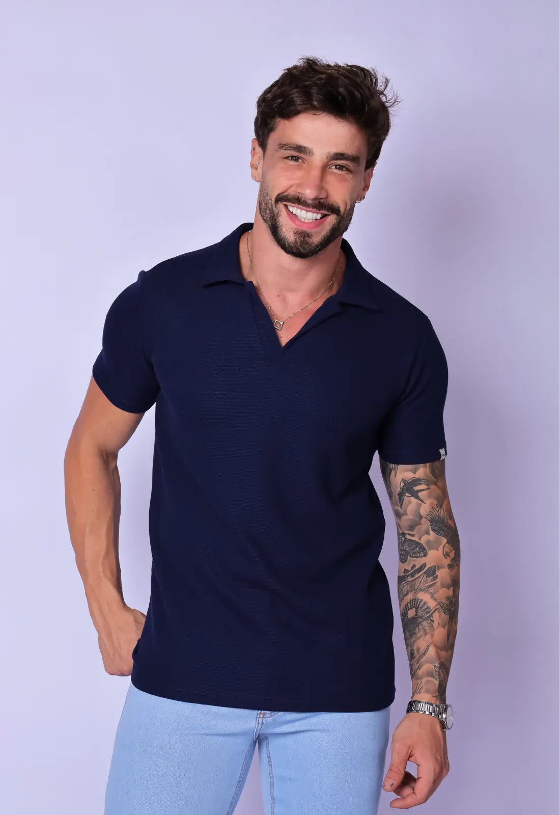Camisa Polo Italiana Tricot Azul Marinho