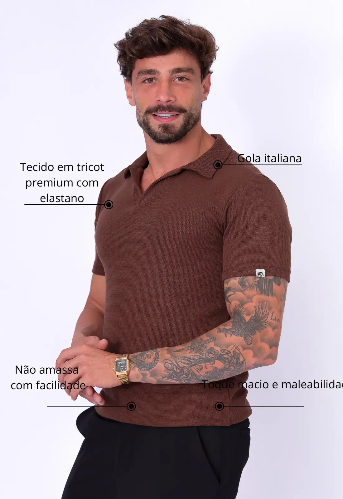 Camisa Polo Italiana Tricot Marrom Café