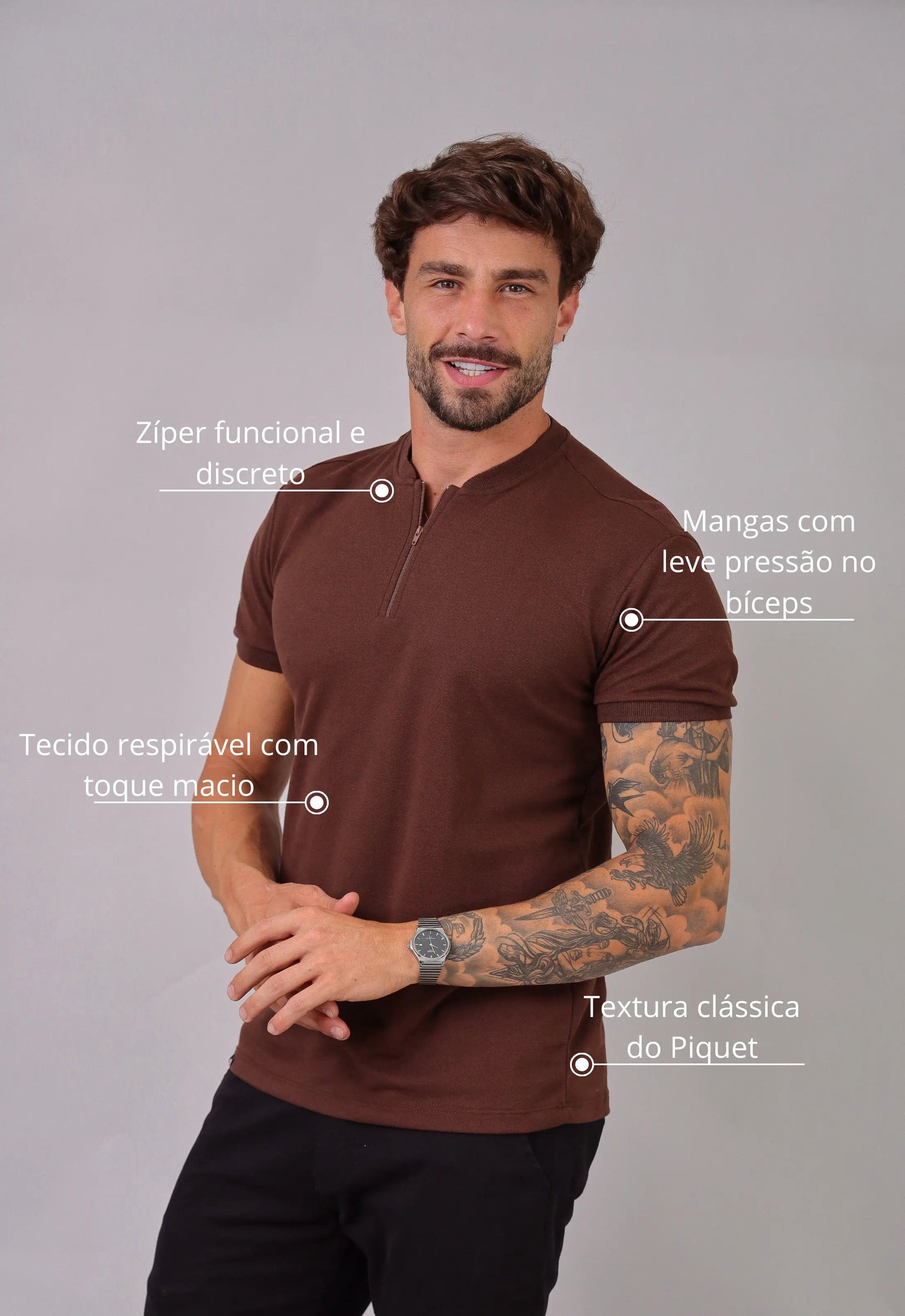 Camiseta Gola Padre Zíper Marrom